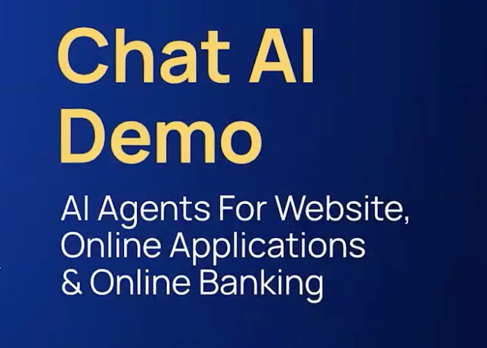 A blue screen with yellow text: "Chat AI Demo - AI Agents for Website, Online Applications & Online Banking"